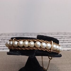 Estate Gold Tone Faux Pearl Chain Bracelet 7" Long Vintage